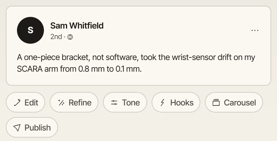 A one-line draft in the Studio about a SCARA arm's wrist sensor, with its action row; the four documents it drew on are named beneath it